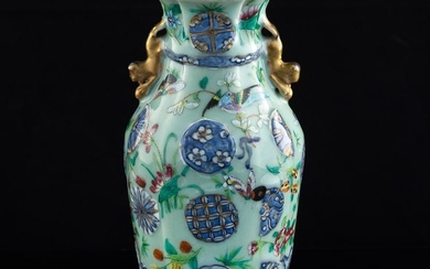 A Chinese enamel-decorated celadon sachet vase, 19th century