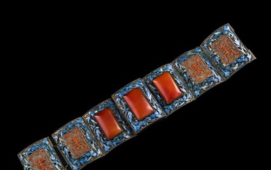 A Chinese enameled gemstone-inlaid silver bracelet, late 19th century