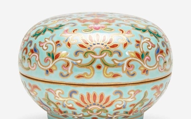 A Chinese enameled porcelain faux cloisonné seal paste box and cover 珐琅彩带盖印泥盒 Six-character Jiaqing seal mark 嘉庆六字款