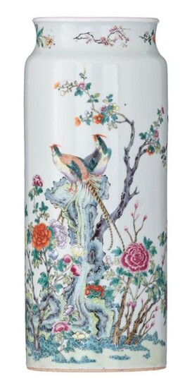 A Chinese famille rose cylindrical vase, decorated with peonies, flower...