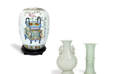 A Chinese famille rose jar and cover and two celadon vases late...