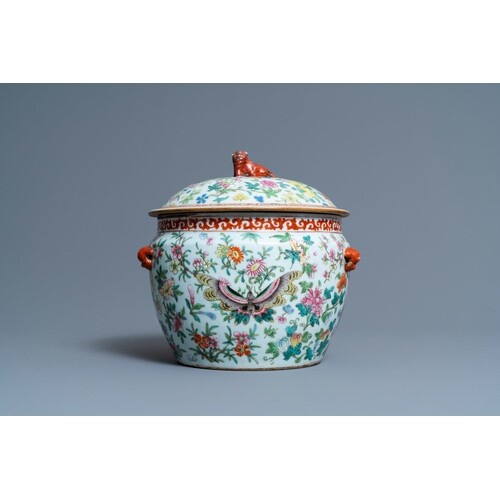 A Chinese famille rose 'kamcheng' bowl and cover with butter...