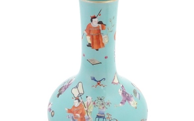 A Chinese famille rose vase with a turquoise ground decorate...