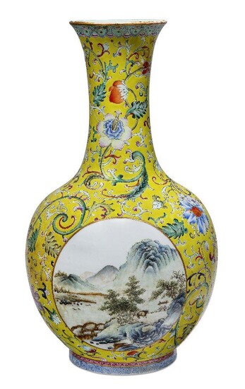 A Chinese porcelain famille rose 'landscape panel' bottle vase, 19th century, finely painted to two panels with expansive landscapes with gilt borders, the body finely enamelled with meandering lotus scrolls and varying blooms on a yellow ground...