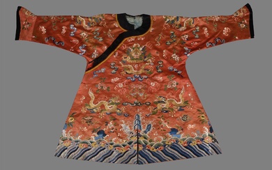 A Chinese silk embroidered Child's red dragon celebration robe