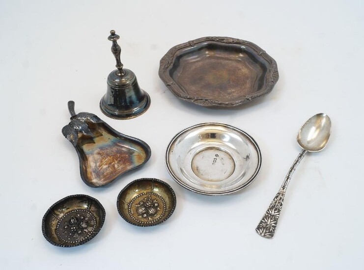 A Chinese spoon by Wang Hing, with stylised bamboo handle, together with two Continental ashtrays, stamped 830S; a silver saucer, London, 1900, James Ramsay; a silver plated pear-shaped dish; a silver plated bell; and a small silver plated dish...