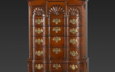 A Chippendale Style Shell and Rosette Carved Mahogany Block Front Chest-On-Chest