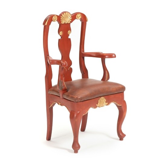 A Danish 18th century red painted and gilt wood Baroque children's armchair.