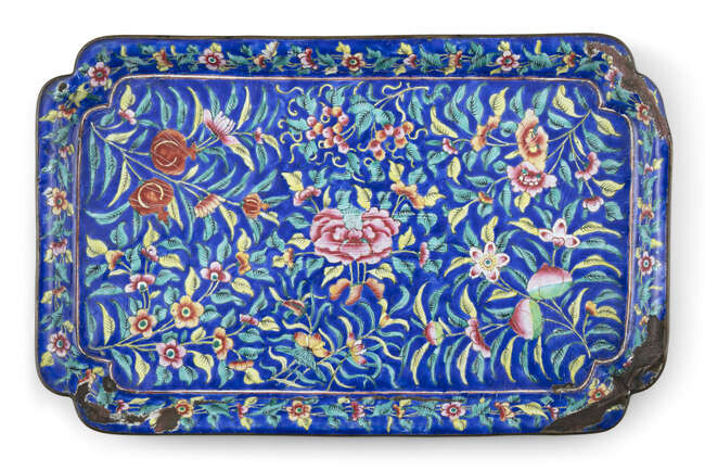 A ‘FLOWERS AND FRUITS’ ENAMEL ON COPPER TRAY...
