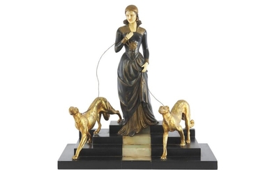 A FRENCH ART DECO COLD PAINTED SPELTER AND IVORINE FIGURE BY E. MENNEVILLE, CIRCA 1930, LEONARD JOEL LOCAL DELIVERY SIZE: MEDIUM
