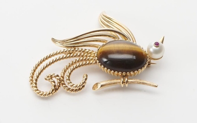 A GEMSET BIRD BROOCH ACID TESTED IN 18CT GOLD, THE BODY SET WITH A TIGER-EYE CUT EN CABOCHON, THE HEAD FEATURING A CULTURED PEARL SE...