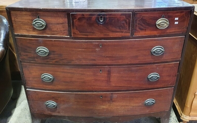 A GEORGE III MAHOGANY BOW FRONTED CHEST OF THREE SHORT AND THREE LONG GRADUATED DRAWERS