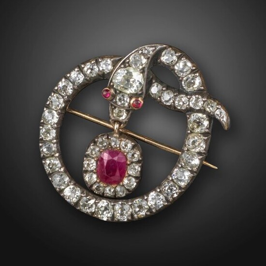 A George III diamond snake brooch pendant, the knotted serpent...