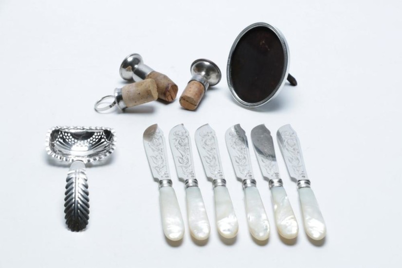 A Good Set of Dutch 833 Silver Fish Knives, Early Ladle (fault), Silver Frame, 1 Cork Stopper & Two Plated Examples
