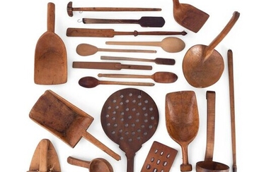 A Group of Wood Grain Scoops, Spoons and Other Utensils