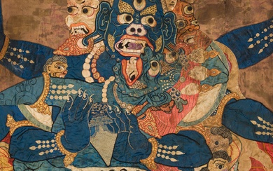 A LARGE AND DRAMATIC SILK APPLIQUÉ OF VAJRAKILAYA WITH CONSORT, TIBET, 18TH CENTURY