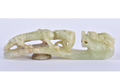 A LARGE EARLY 20TH CENTURY CHINESE CARVED JADE BELT HOOK Lat...
