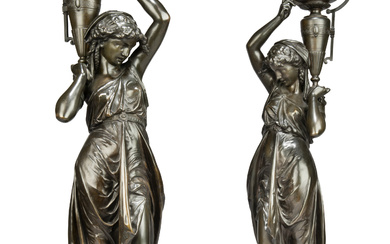 A LARGE PAIR OF NAPOLEON III PATINATED-BRONZE FIGURES CAST BY...