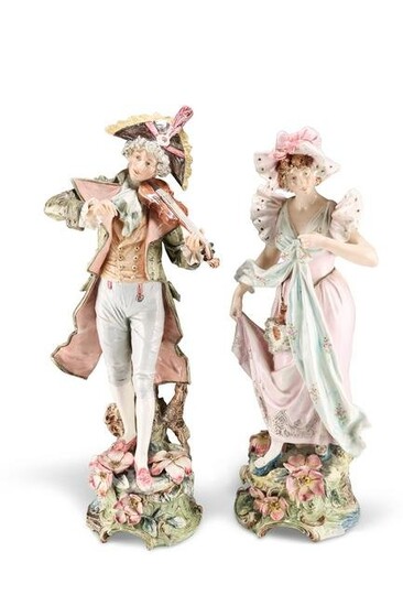 A LARGE PAIR OF VIENNESE FAIENCE FIGURES, PROBABLY