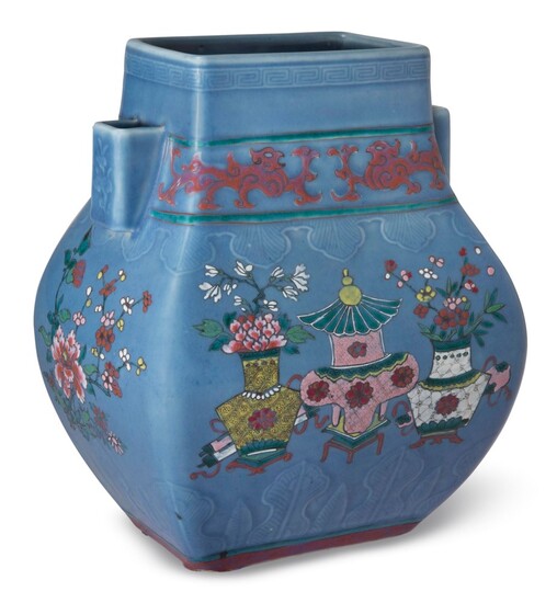 A LATER-ENAMELLED FAMILLE ROSE AND LAVENDER-GLAZED VASE, FANGHU, 19TH CENTURY