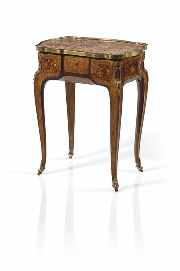 A LOUIS XV ORMOLU-MOUNTED AMARANTH, TULIPWOOD, GREEN-STAINED BURR-ELM AND MARQUETRY TABLE À ÉCRIRE, POSSIBLY BY JEAN-PIERRE LATZ WITH MARQUETRY PANELS BY JEAN-FRANÇOIS OEBEN, CIRCA 1755-1760, THE MARBLE TOP POSSIBLY ORIGINAL