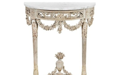 A Louis XVI Grey-Painted Demilune Console Height 39 x