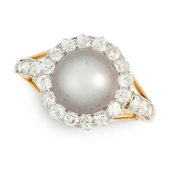 A NATURAL PEARL AND DIAMOND RING in yellow gold, set