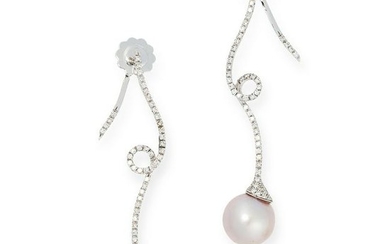 A PAIR OF DIAMOND AND PEARL EARRINGS each designed as a