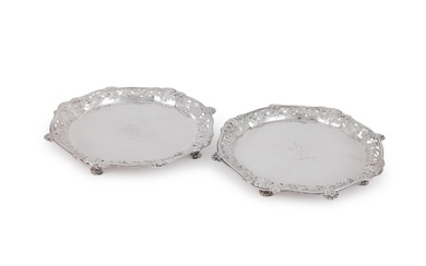 A PAIR OF GEORGE II SILVER SHAPED CIRCULAR SALVERS