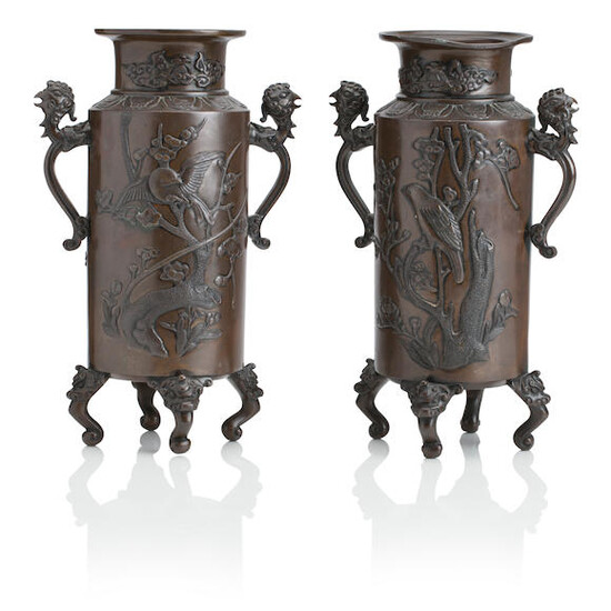 A PAIR OF JAPANESE BRONZE TWO-HANDLED VASES