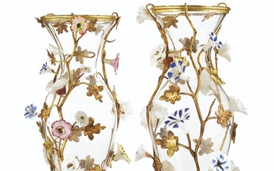 A PAIR OF LOUIS XV ORMOLU, GLASS AND PORCELAIN VASES, CIRCA 1745