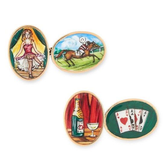 A PAIR OF NOVELTY ENAMEL CUFFLINKS depicting cards