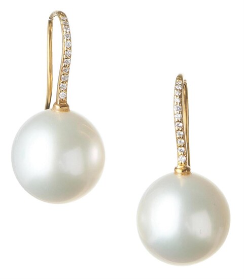 A PAIR OF SOUTH SEA PEARL AND DIAMOND DROP EARRINGS IN 18CT GOLD, THE NEAR ROUND PEARLS MEASURING 12.5MM, TO SHEPHERD HOOK FITTINGS,...
