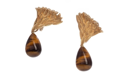 A PAIR OF TIGERS EYE AND DIAMOND EARRINGS
