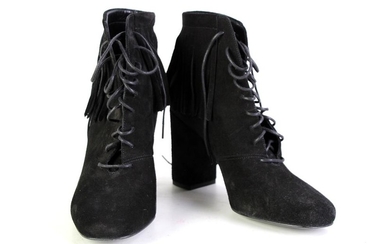 A PAIR OF YVES SAINT LAURENT BLACK SUEDE FRINGE ANKLE BOOTS; lace ups, no. CA 415688, size 37, with dust bag.