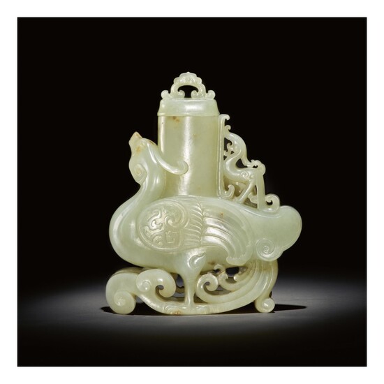 A PALE CELADON JADE 'PHOENIX' VASE AND COVER, QING DYNASTY, QIANLONG PERIOD