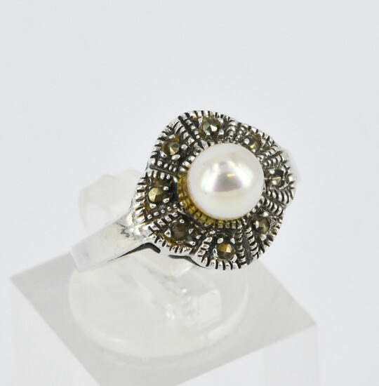 A PEARL AND MARCASITE DRESS RING