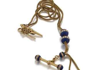A PEARL, GOLD AND BLUE ENAMEL FOB CHAIN, PROBABLY GENEVA, MID 19TH CENTURY