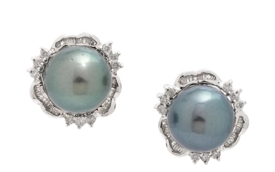 A Pair of 14 Karat White Gold, Cultured Tahitian Pearl and Diamond Earclips