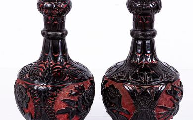 A Pair of Antique Chinese Cinnabar and Lacquer Vases with an Enamel Base