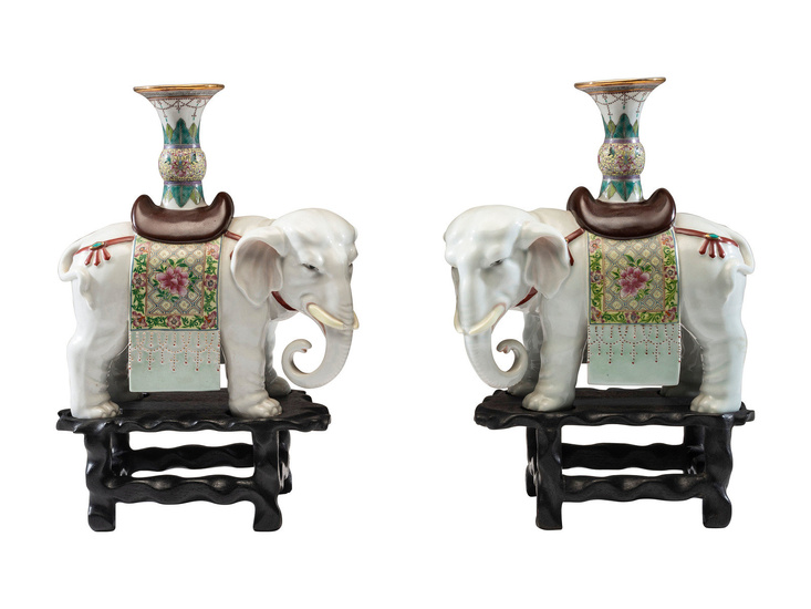 A Pair of Chinese Export Porcelain Elephant Candlesticks