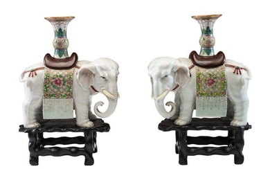 A Pair of Chinese Export Porcelain Elephant Candlesticks