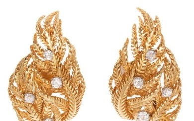 A Pair of David Webb 18K Diamond Leaf Earrings