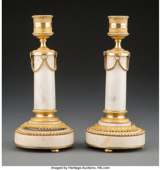 A Pair of French Empire-Style Marble Candlesticks with Gilt Bronze Mounts (19th century)