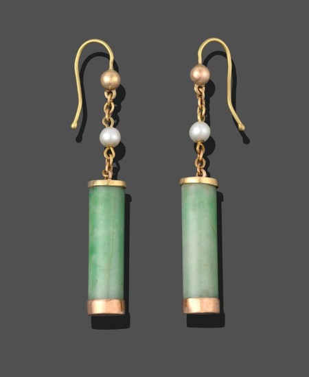 A Pair of Jade and Cultured Pearl Drop Earrings, jade...