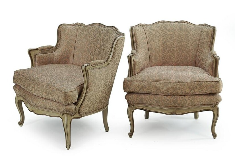 A Pair of Louis XV Style Bergeres with Fortuny Fabric.