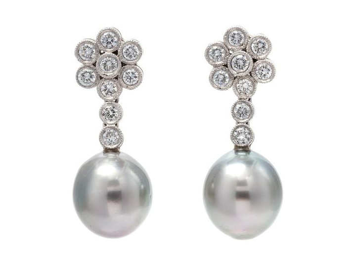 A Pair of White Gold, Cultured Tahitian Pearl and