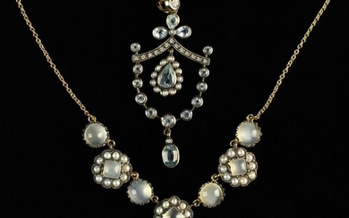 A Pretty Edwardian Pendant set with pale blue & white stones encircled by seed pearls, and a moonsto