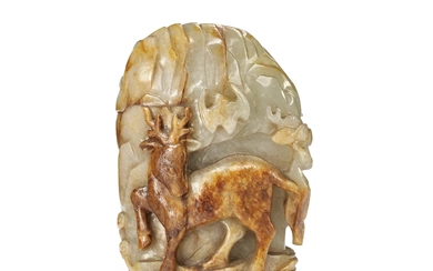A RUSSET AND GREYISH-GREEN JADE MOUNTAIN WITH A STAG CHINA, 18TH-19TH CENTURY