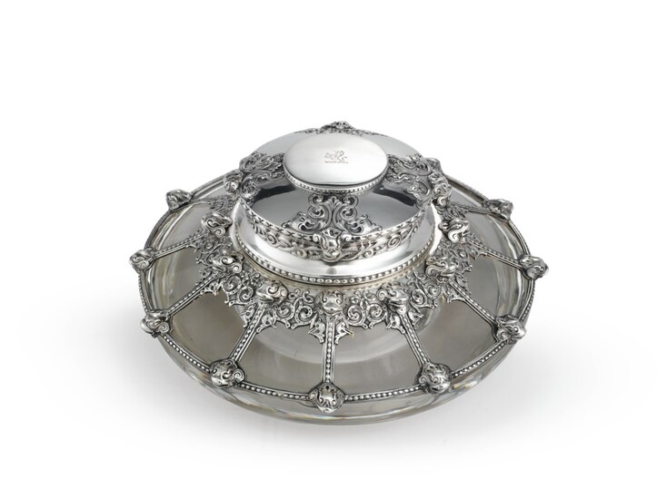 A Rare American Silver and Glass Viking-Style Inkwell, Design Attributed to Paulding Farnham, Tiffany & Co., New York, circa 1902